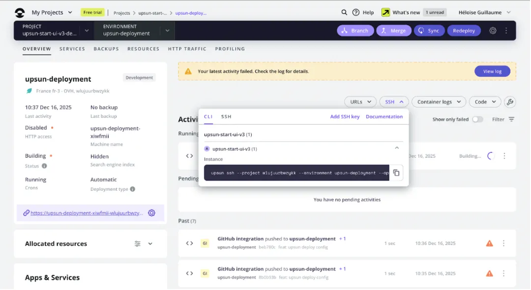 Ajout d'une connexion SSH sur le projet Upsun.